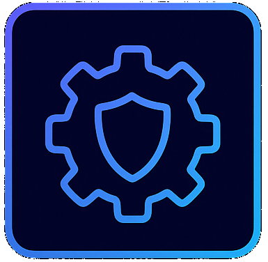 Icon representing cybersecurity settings — a shield within a gear